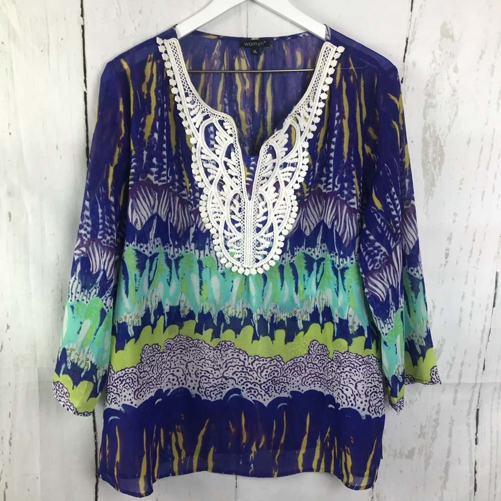 Womyn Boho Print Crochet Neckline Tunic Top Sz XL